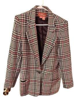 Worthington Women's Multi-Color Houndstooth Plaid Wool Blend Blazer Size 10